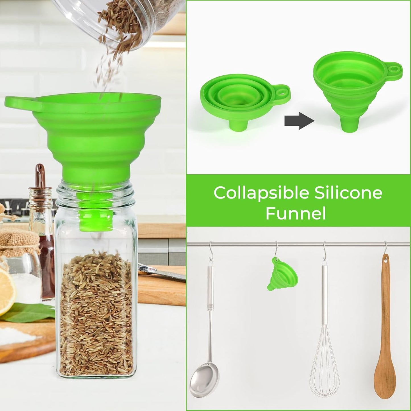 CycleMore 36 Pack 4oz Glass Spice Jars, Square Spice Containers with Black Metal Caps and Pour/Sift Shaker Lid-280pcs Labels,1pcs Silicone Collapsible Funnel and Brush Included