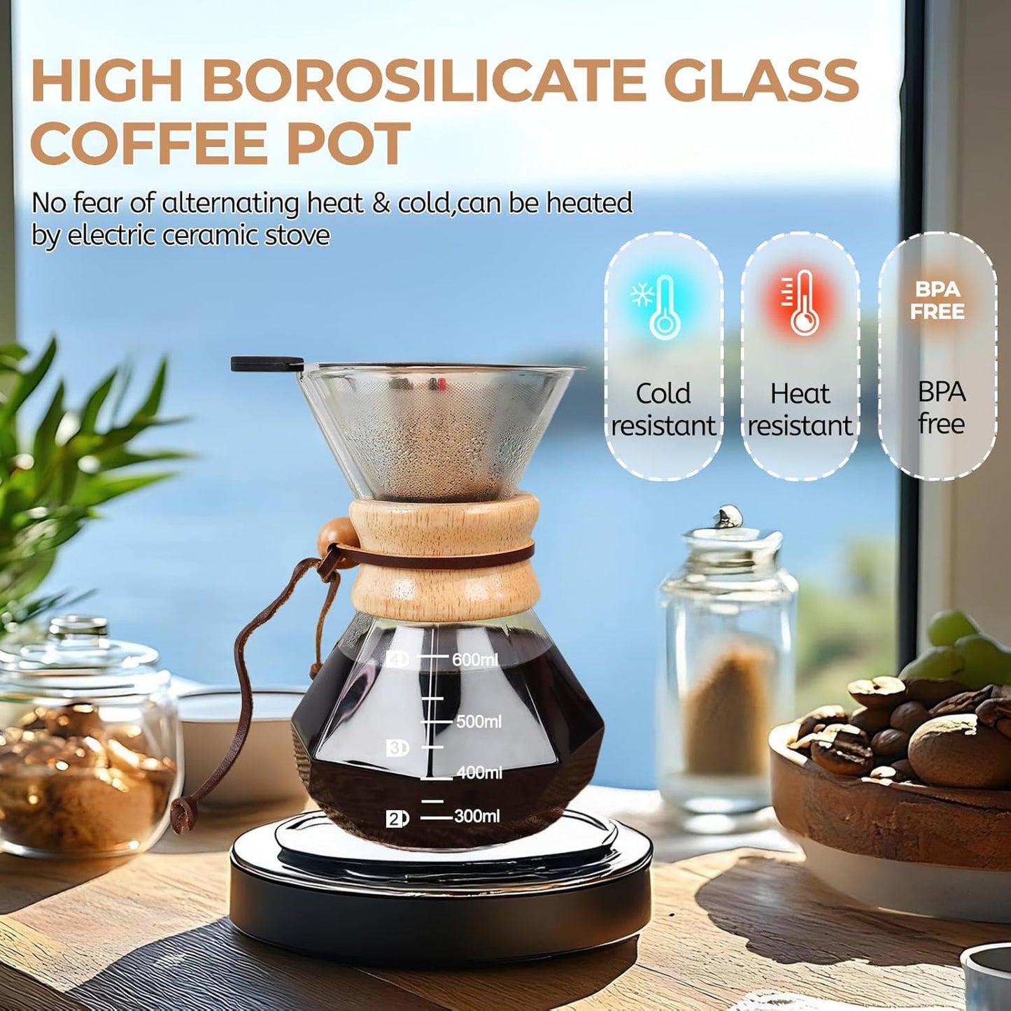 Pour Over Coffee Maker 600ml with 304 Stainless Steel Filter and Wooden Collar Holder Borosilicate Glass Drip Coffeemaker Server Set Clear Hand Brew Dripper Carafe for Home Camping Travel 20.3oz