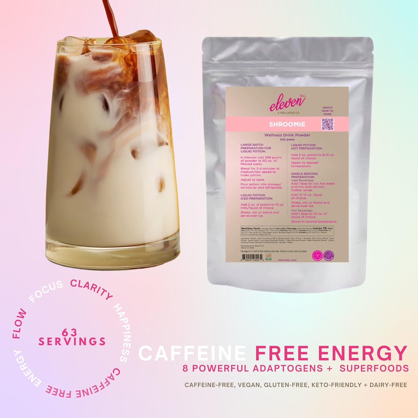 Eleven TLC, Shroomie Master Mind Mushroom Coffee Alternative, 7 Superfoods, Chaga, Reishi + Lion's Mane, Dandy Blend, Energy, Focus, 63 Servings