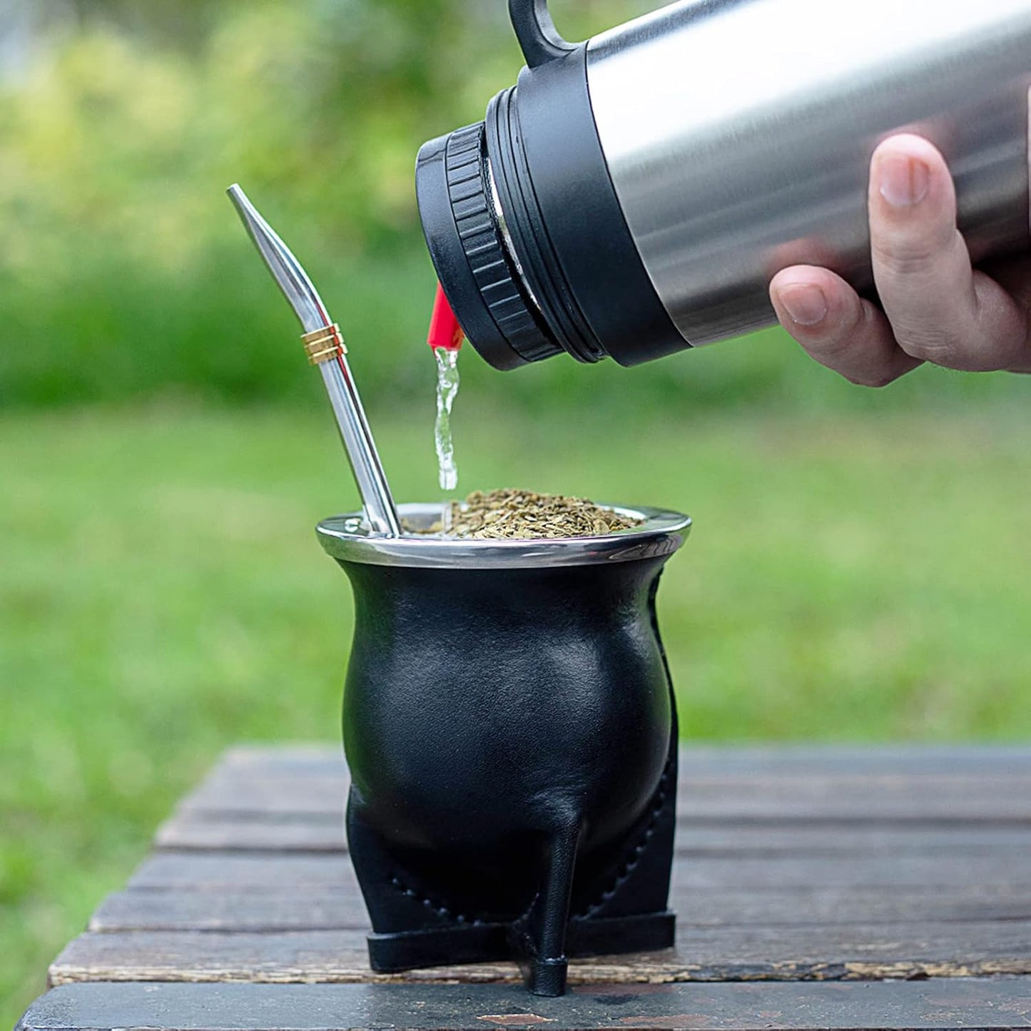 Ceramic Liner Yerba Mate Cup Argentina Gourd with Mate Bombilla Straw, Cleaning Brush (Black)
