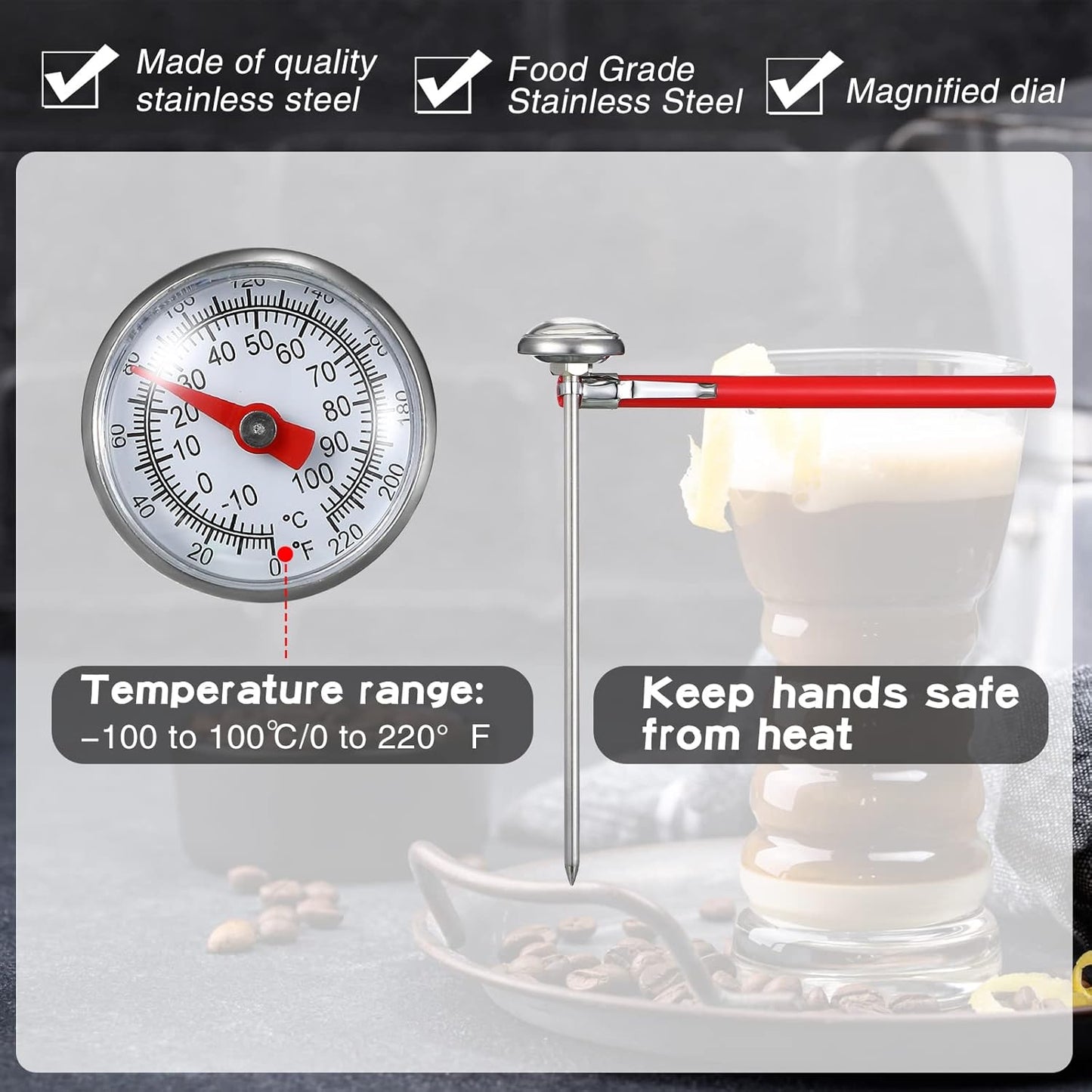 Xuhal 12 Pcs Stainless Steel Kitchen Thermometer with 5 Inch Long Stem 1 Inch Dial Thermometer Milk Frothing Food for Oven Probe Meat Grill BBQ Cooking Chocolate Water (Red)