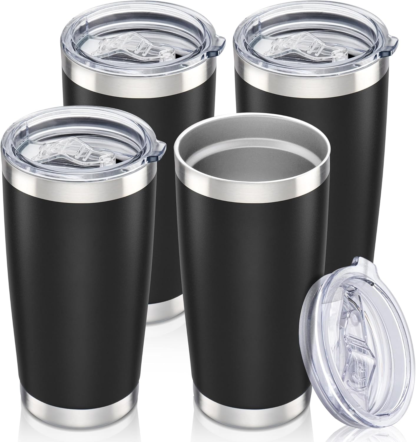 20 oz Tumbler with Lid Stainless Steel Insulated Tumblers Bulk Double Wall Vacuum Cups Powder Coated Travel Mug Keep Drinks Cold and Hot, Black, 4 Pack