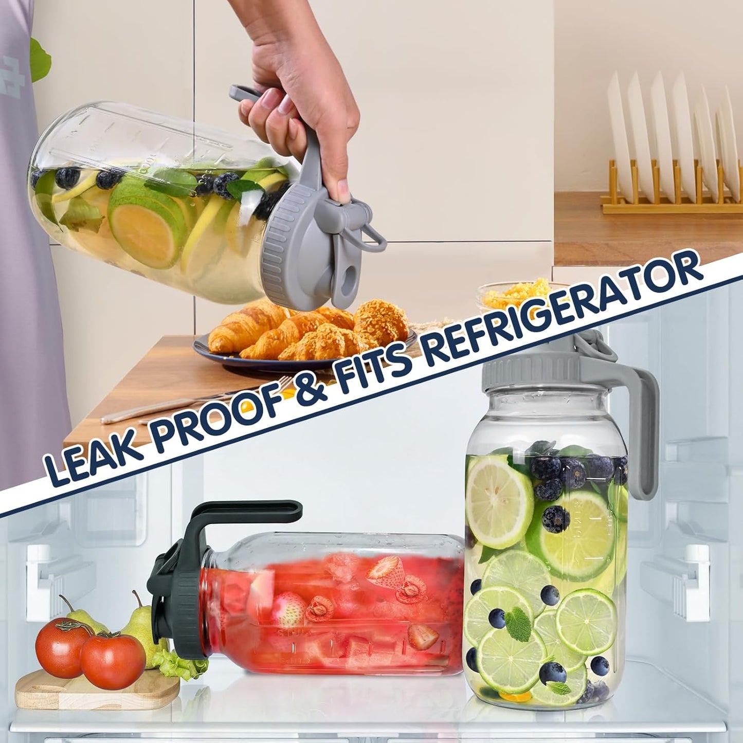 Glass Pitchers with Lid, Set of 2, 64OZ Leak-Proof Airtight Mason Jars, Wide Mouth Water Jugs for Cold Brew Coffee, Iced tea, Milk, Food Storage, Sun Tea Jar.