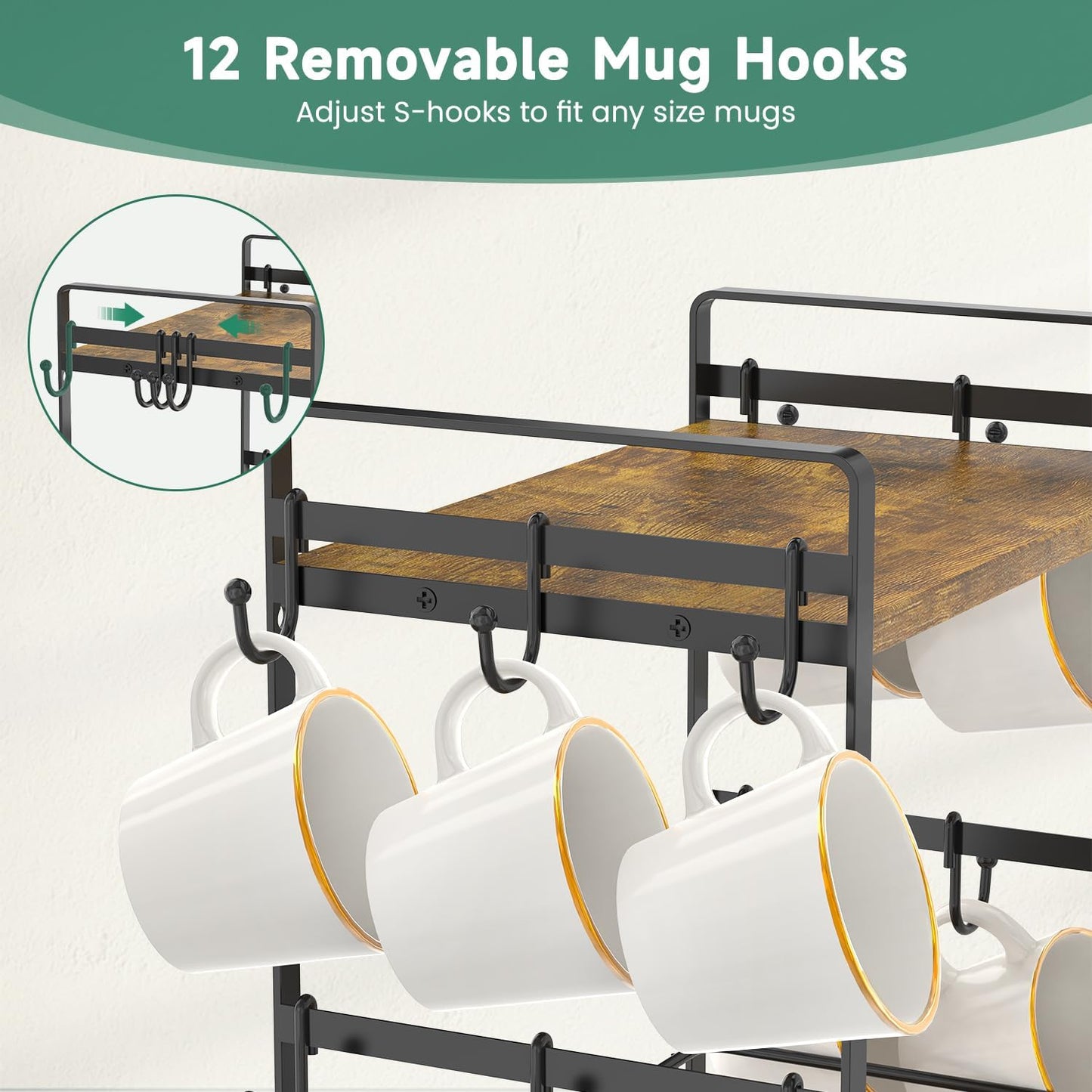 EsLuker.ly Coffee Bar Station Organizer Mug Cup Holder Stand for Countertop, Multi-Functional 2 Tier Mug Tree Rack for Kitchen, Storage Shelf with 12 Removable Hooks, Coffee Nook Enhancer