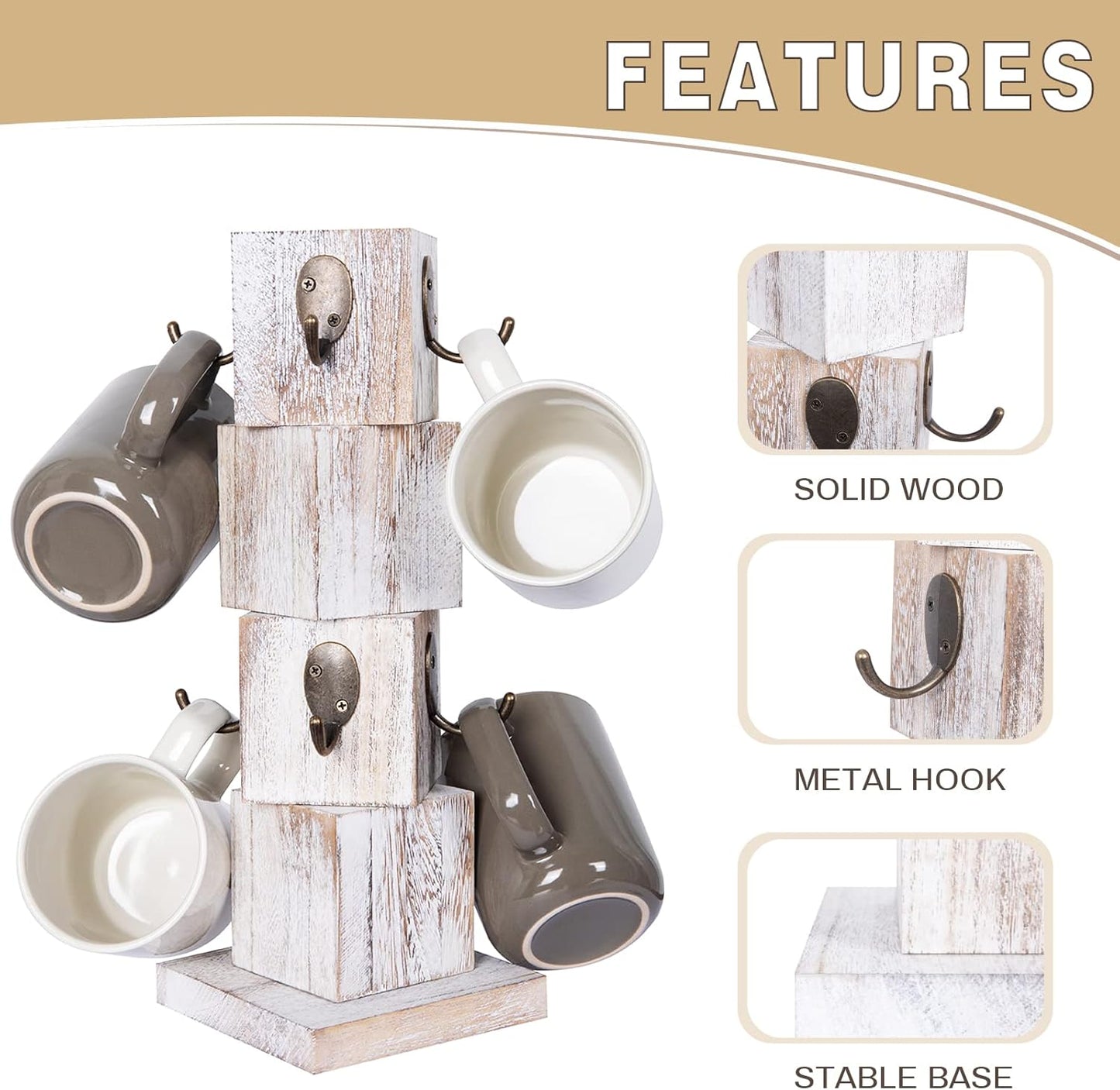 Coffee Mug Holder Tree, Rustic Solid Wood Mug Tree Stand with 8 Hooks, Farmhouse Coffee Cup Holder for Counter, Mug Hanger for Kitchen Organizer, Farmhouse White