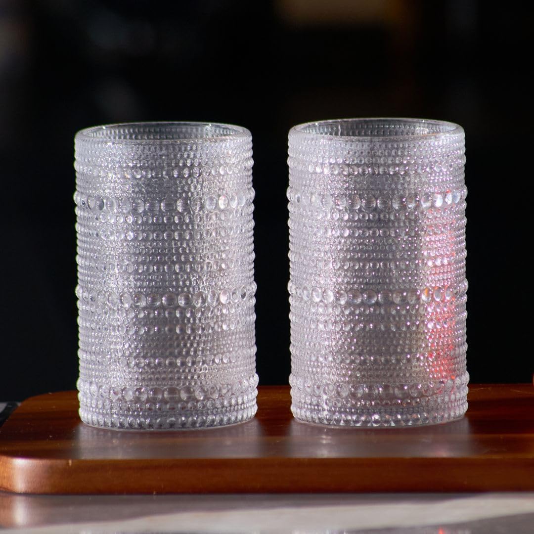LEMONSODA Hobnail Highball Glasses Set of 2 – Vintage Clear Drinking Glass Cups 15oz – Textured Tall Retro Glassware Tumblers for Water, Iced Coffee, Cocktails, Soda, Juice (Highball 15oz, Set of 2)