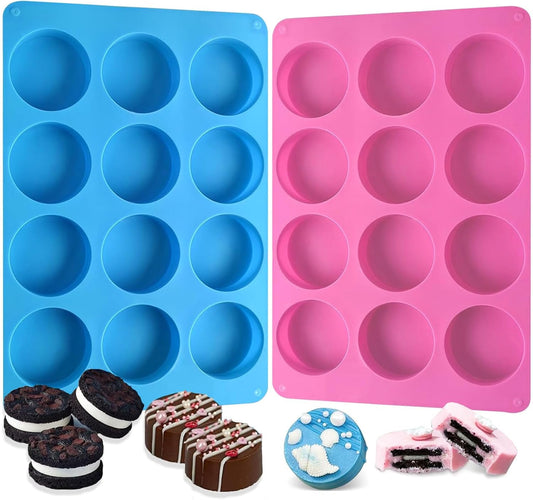 Round Chocolate Cookie Molds,SAGOOITS 12-Cavity Cylinder Chocolate Silicone Molds for Covered Oreo, Cookies Candy Jelly Mini Cakes and Muffin(2 PCS)