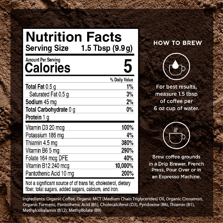 VitaCup Organic Genius Ground Keto Coffee, Increase Energy & Focus w/MCT Oil, Turmeric, B Vitamins, D3, USDA Organic Ground Coffee Medium Dark Roast, 100% Arabica Beans, 6 bags, 10 oz each