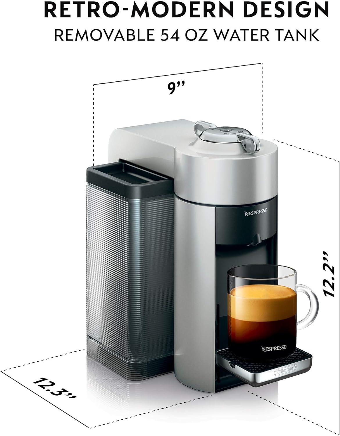 Nespresso Vertuo Coffee and Espresso Machine by De'Longhi, 1597 milliliters, Silver