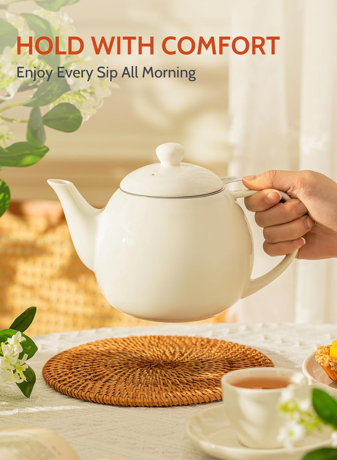 Sweese Teapots for Tea, 27 oz Porcelain Tea pot with Removable Stainless Steel Infuser, Tea Pots for Loose Tea - White