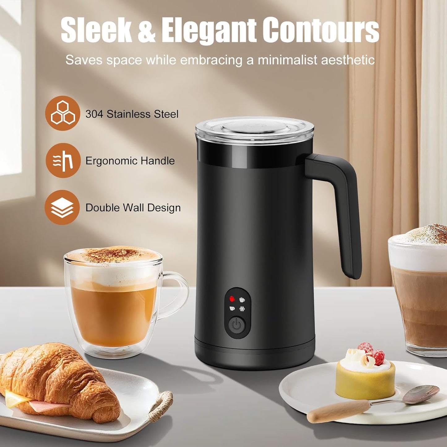 Milk Frother, 4-in-1 Milk Frother and Steamer, 13.5oz/400ml Automatic Hot and Cold Foam Maker and Milk Warmer, Electric Frother for Coffee, Latte, Cappuccino, Macchiato, Matcha(Black)