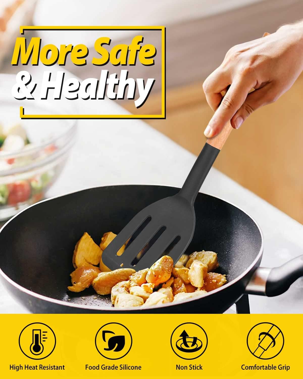 Pack of 2 Silicone Cooking Spatula, Heat Resistant Solid Turner, Non Stick Slotted Spatulas with Wooden Short Handle,Ideal Wood Kitchen Utensils Set for Frying, Baking, Flipping, Turning