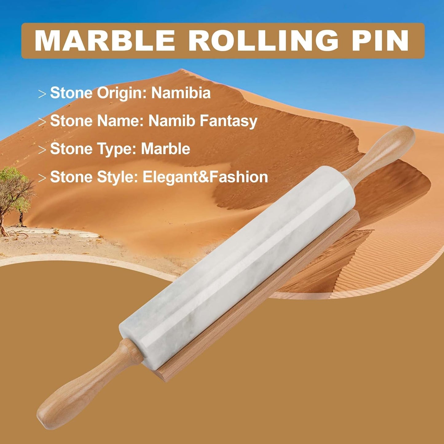 Koville African Natural Marble Rolling Pin, Non-Stick Polished Dough Roller, Pasta, Dumpling, Fondant, Pie Crust, Bread, Pizza Dough, Kitchen Baking Pastry Tools with Mat/Scraper（Namib Fantasy）
