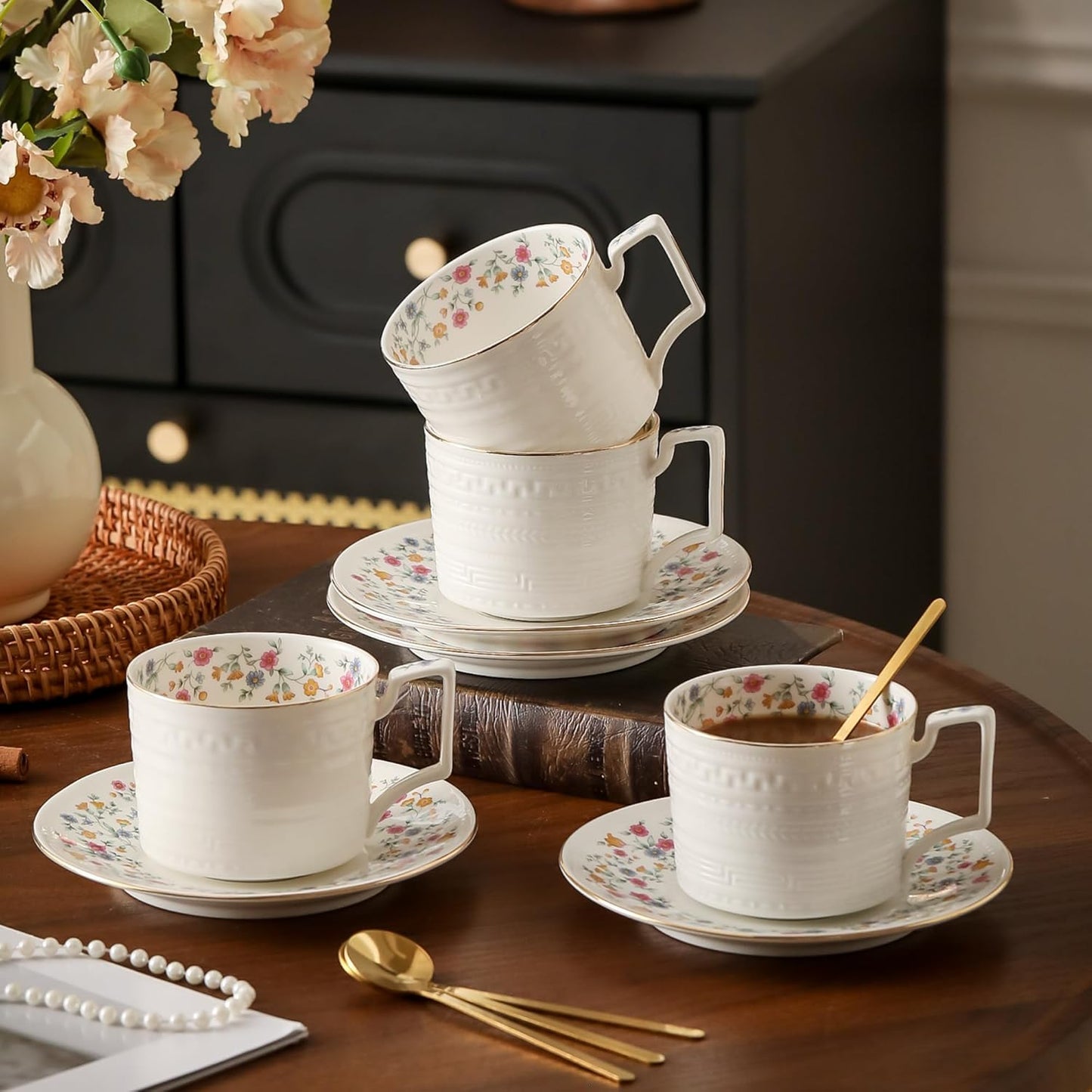 Tea Cups and Saucer Sets,8.8 oz Cappuccino Cups with Saucers and Spoons,3 Pieces, Vintage Style,Embossed Bone China Coffee Cup & Saucer Set For Women Wedding/Birthday/Christmas Gift