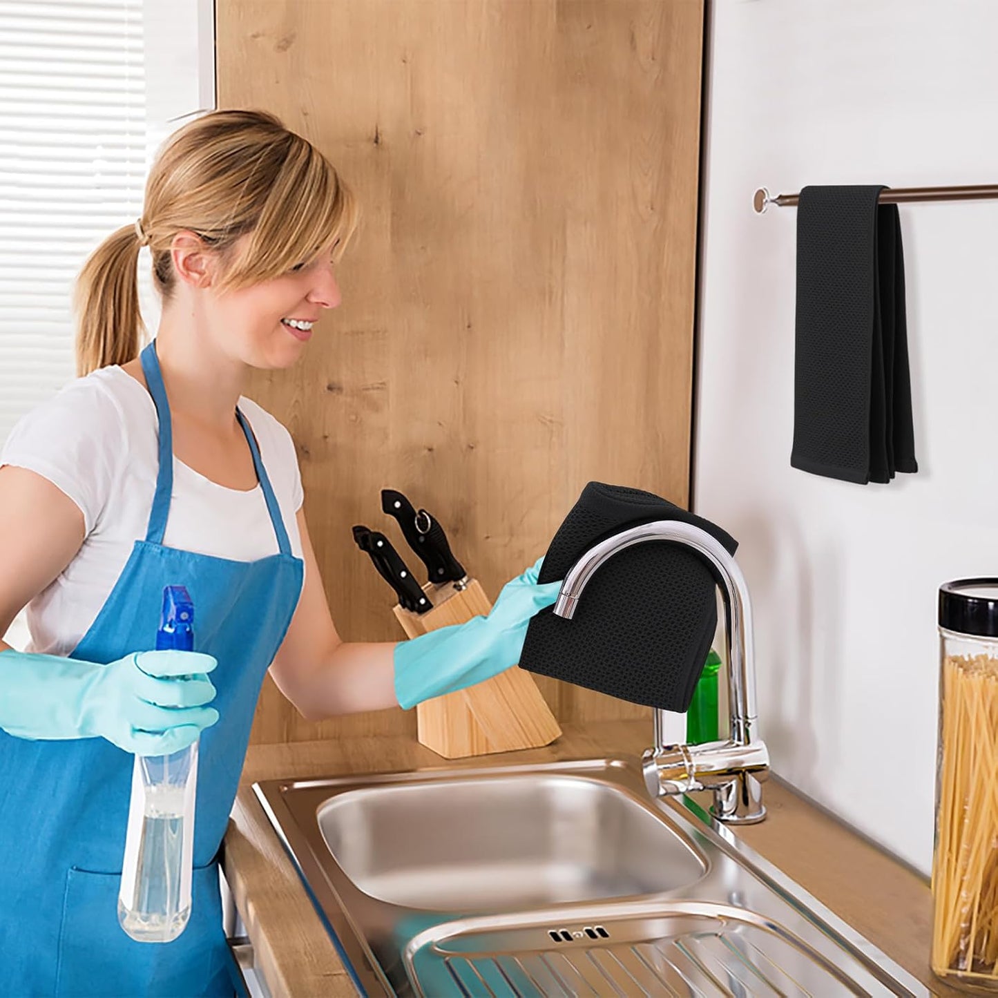 Kitinjoy 100% Cotton Waffle Weave Kitchen Towels, 8-Pack Super Soft and Absorbent Dish Towels for Drying Dishes, Kitchen Hand Towels, 13 in x 28 in, Black