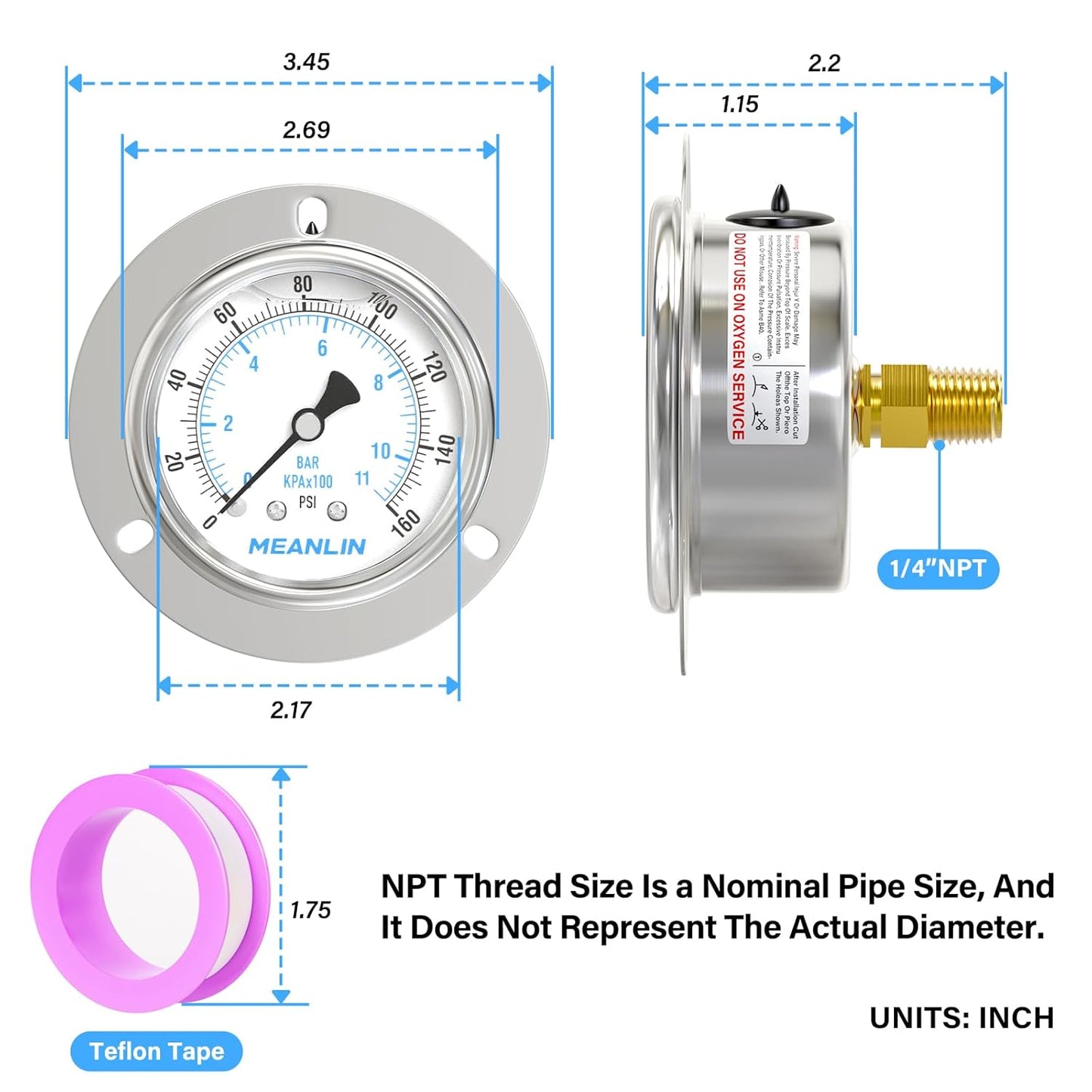MEANLIN MEASURE 0~160Psi Liquid Filled Pressure Gauge Front Flange Panel Mount, 1/4" NPT 2.5" FACE DIAL Stainless Steel Case with Phillips Screw and Nut, +/-3-2-3%