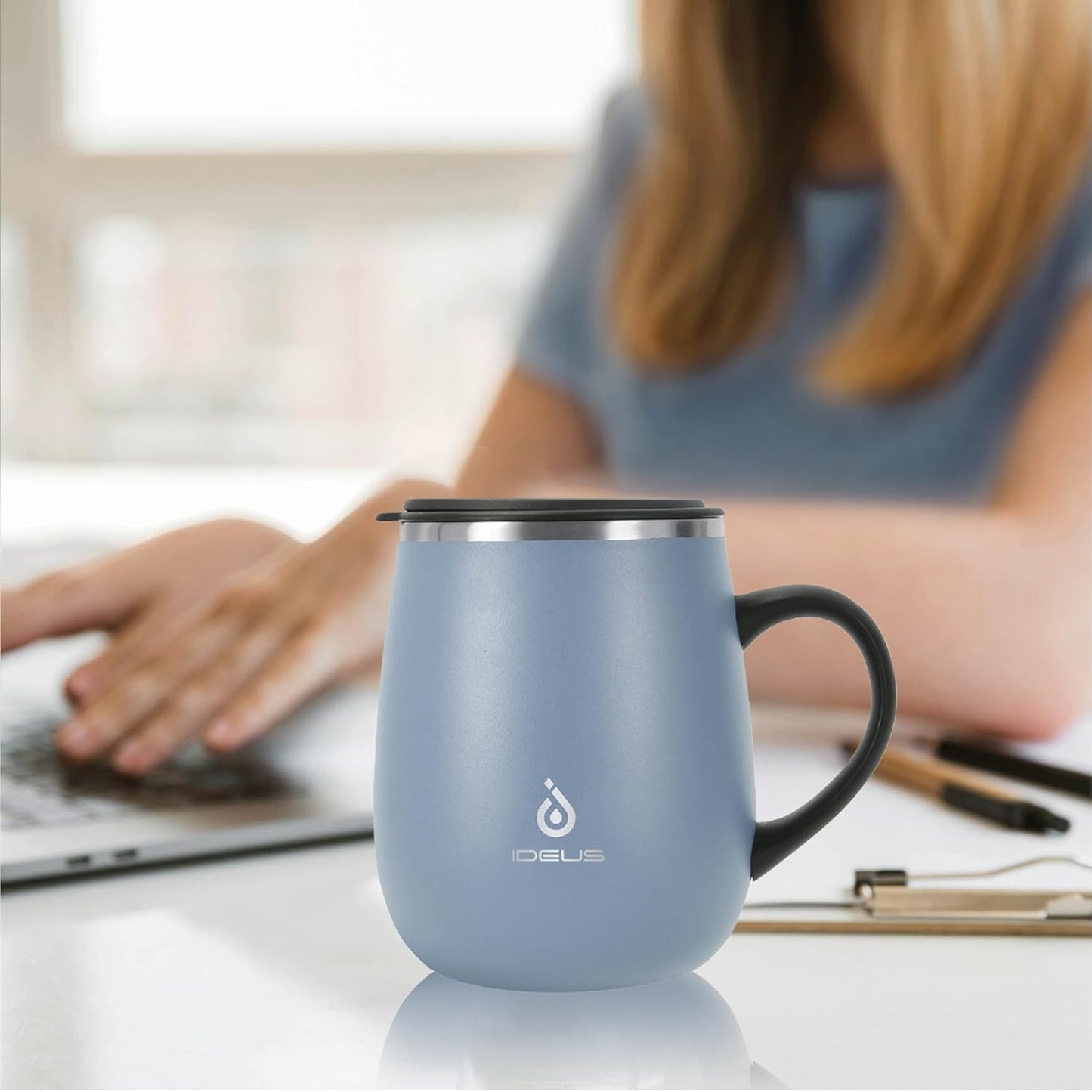 Ideus 16 oz (470 ml) Insulated Coffee Mug with Handle and Lid, Double Wall Stainless Steel Vacuum Thermal Coffee Mug, Travel Coffee Cup Thermal Cup for Home and Office (Ultimate Gray)