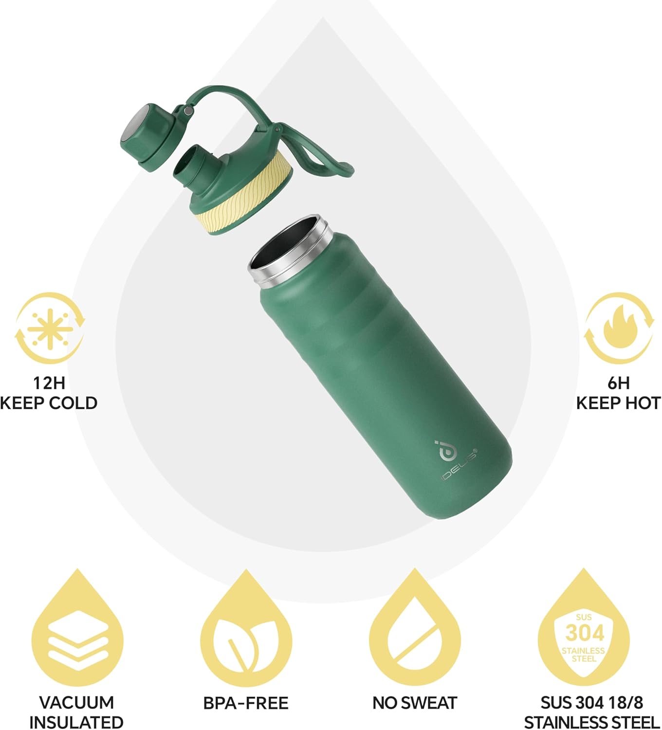IDEUS Insulated Stainless Steel Water Bottle with 2 Leak-Proof Lids, Thermal Water Flask for Hiking Biking, 24oz, Green
