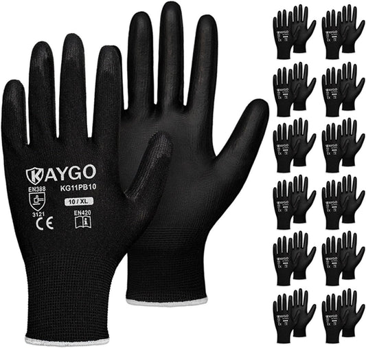 KAYGO Safety Work Gloves PU Coated,12 Pairs KG11PB Seamless Knit Glove for Men and Women, with Smooth Grip on Palm and Fingers, Ideal for General Duty Work (X-Large, Black)