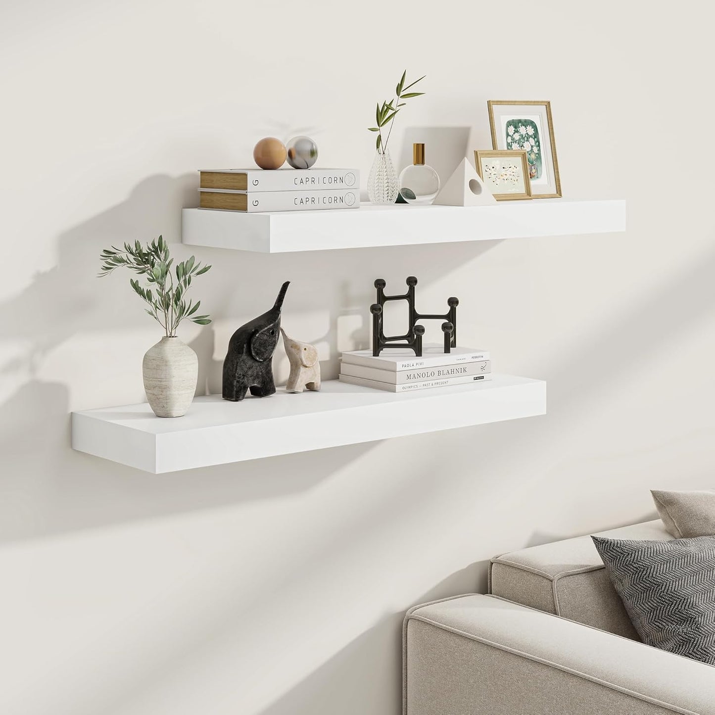 9.3 Inch Deep Floating Shelves, White Solid Wood Floating Shelf Wall Mounted, 36 x 9 Large Display & Storage Shelves for Books, Living Room, Bathroom, Rustic Wooden Wall Shelves, Heavy-Duty, Set of 2