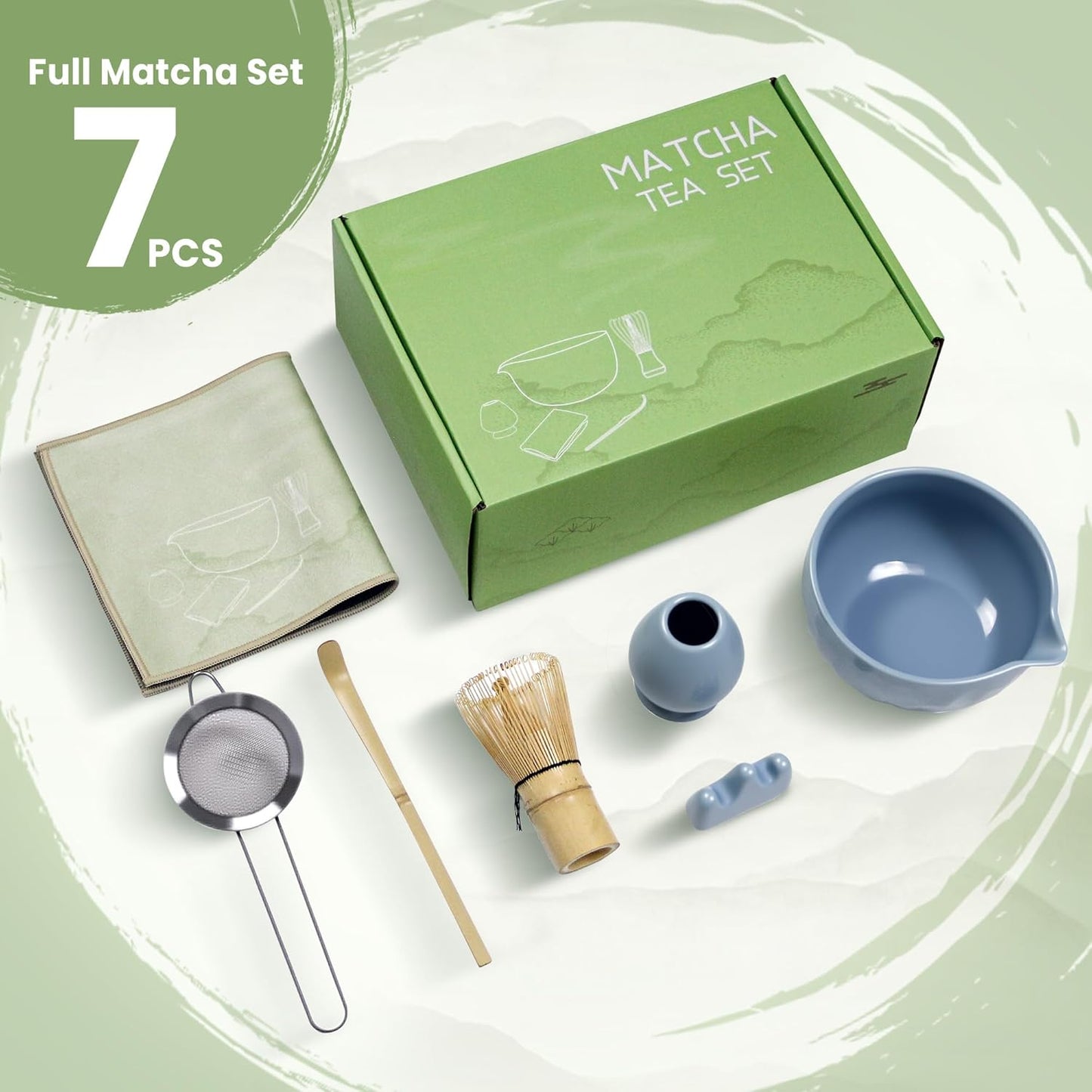 7-Pcs Matcha Whisk Set - Ceramic Matcha Set Includes Bowl,Whisk,Holder,Bamboo Scoop,Scoop Rest,Sifter & Tea Towel – Japanese Traditional Tea Kit for Beginners & Tea Lovers (Blue)