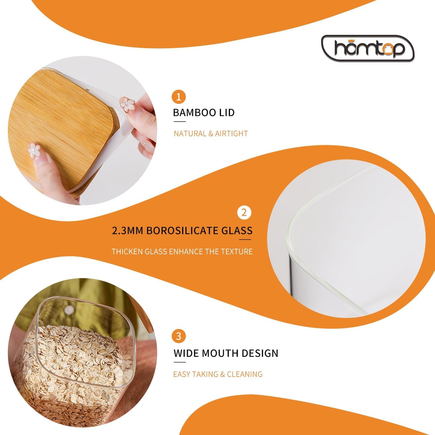 Glass Food Storage Containers with Lids 6 Pack 4 Inch Wide Mouth, 34 Oz High Borosilicate Glass Jars for Coffee Bean, Candy, Cookie, Flour, Square