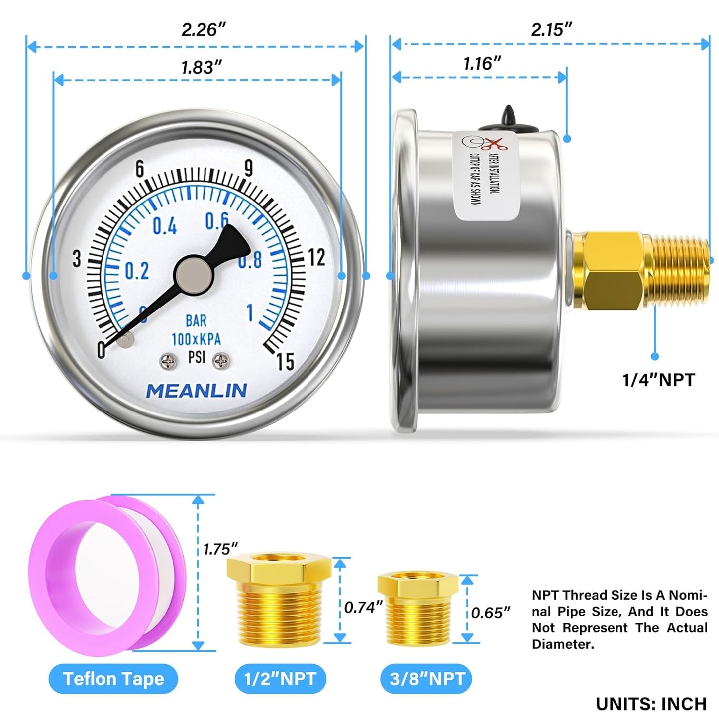 MEANLIN MEASURE 0~15Psi Dry Low Pressure Gauge Stainless Steel 1/4" NPT 2" FACE DIAL Waterproof for Water Oil Air Well Pump Tank Tire Pressure Test Back Mount, with 1/2" NPT and 3/8" NPT Hex Bushing