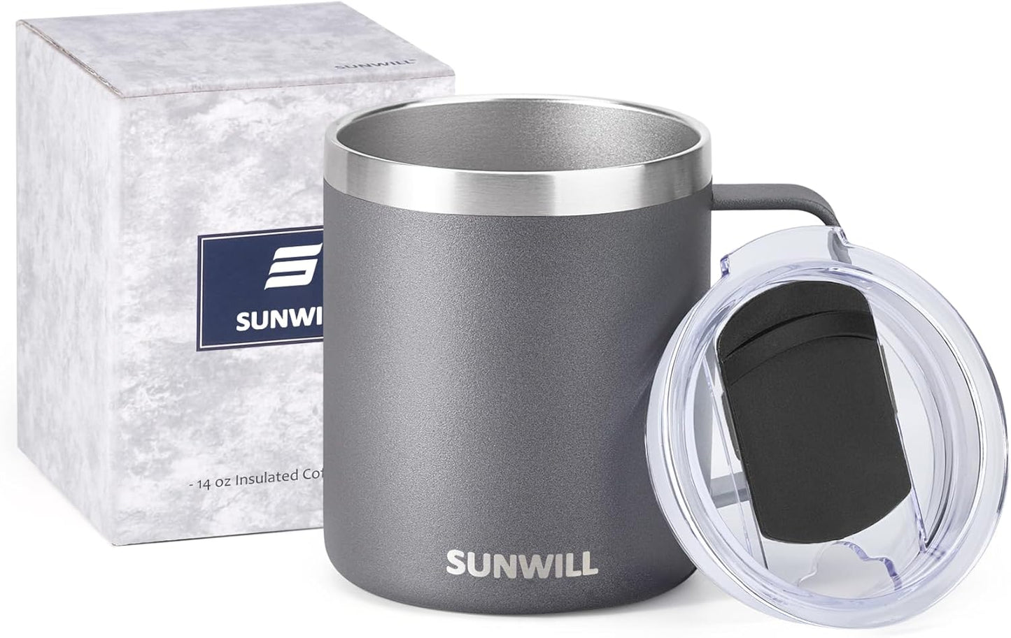 SUNWILL Travel Coffee Mug with Lid, Insulated Tumbler with Handle, 14 oz Stainless Steel Cup for Ice, Water, Tea, Powder Coated Cool Grey