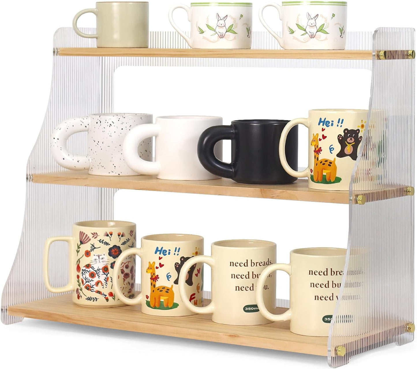 Coffee Mug Holder Wooden Cup Rack,3-Tier Acrylic Home Coffee Mug Display Rack for Kitchen Countertops, Coffee Bars, for Placing Mugs, Coffee Beans, Syrup, Cups, Stirrers ﻿