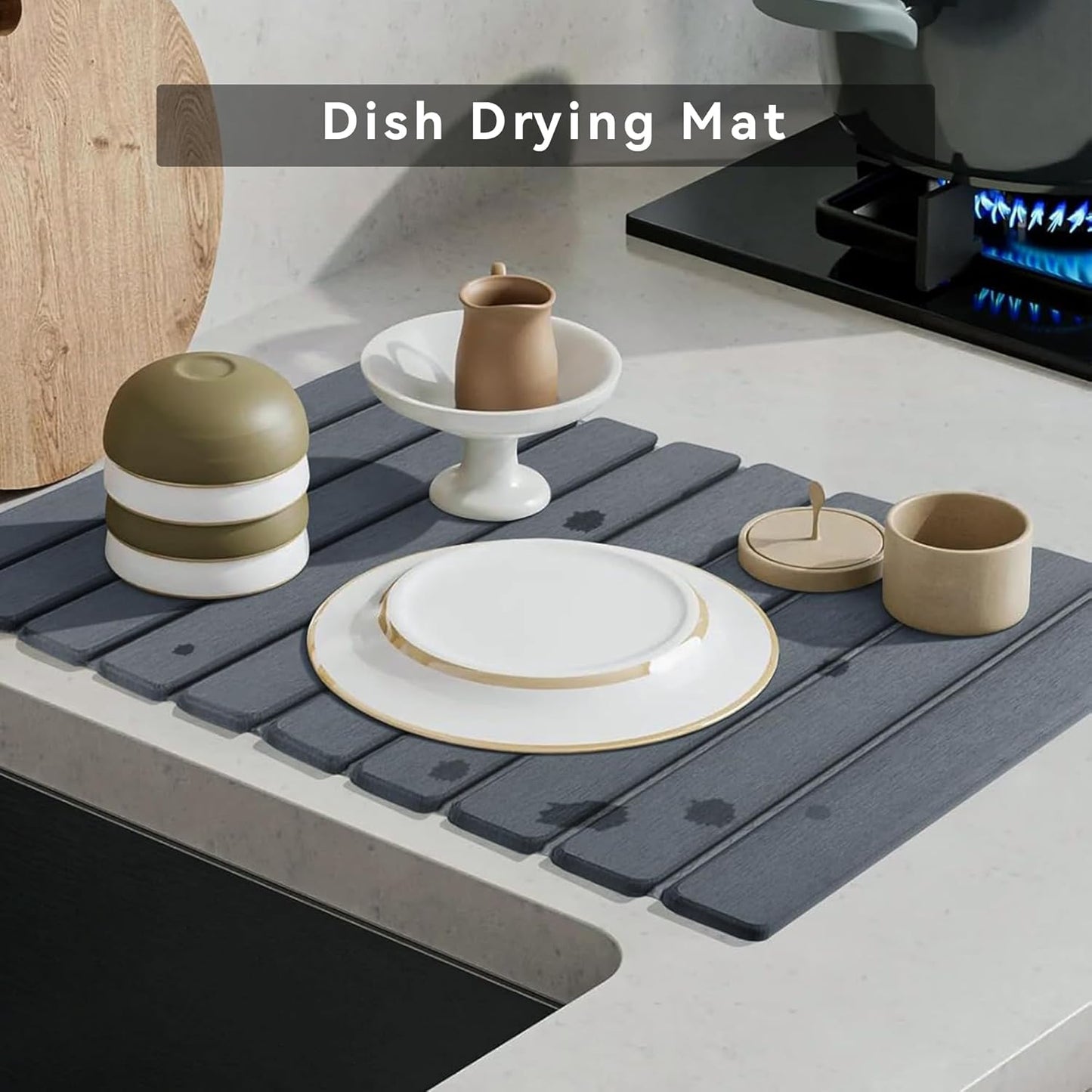 Large Stone Dish Drying Mat for Kitchen Counter, 24" x 16" Drying Board Diatomaceous, Dish Drying Tray for Kitchen, Utensils, Vegetable, Fruits, Bathroom Absorbent Pad, Fast Dry Stone Mat, Dark Gray