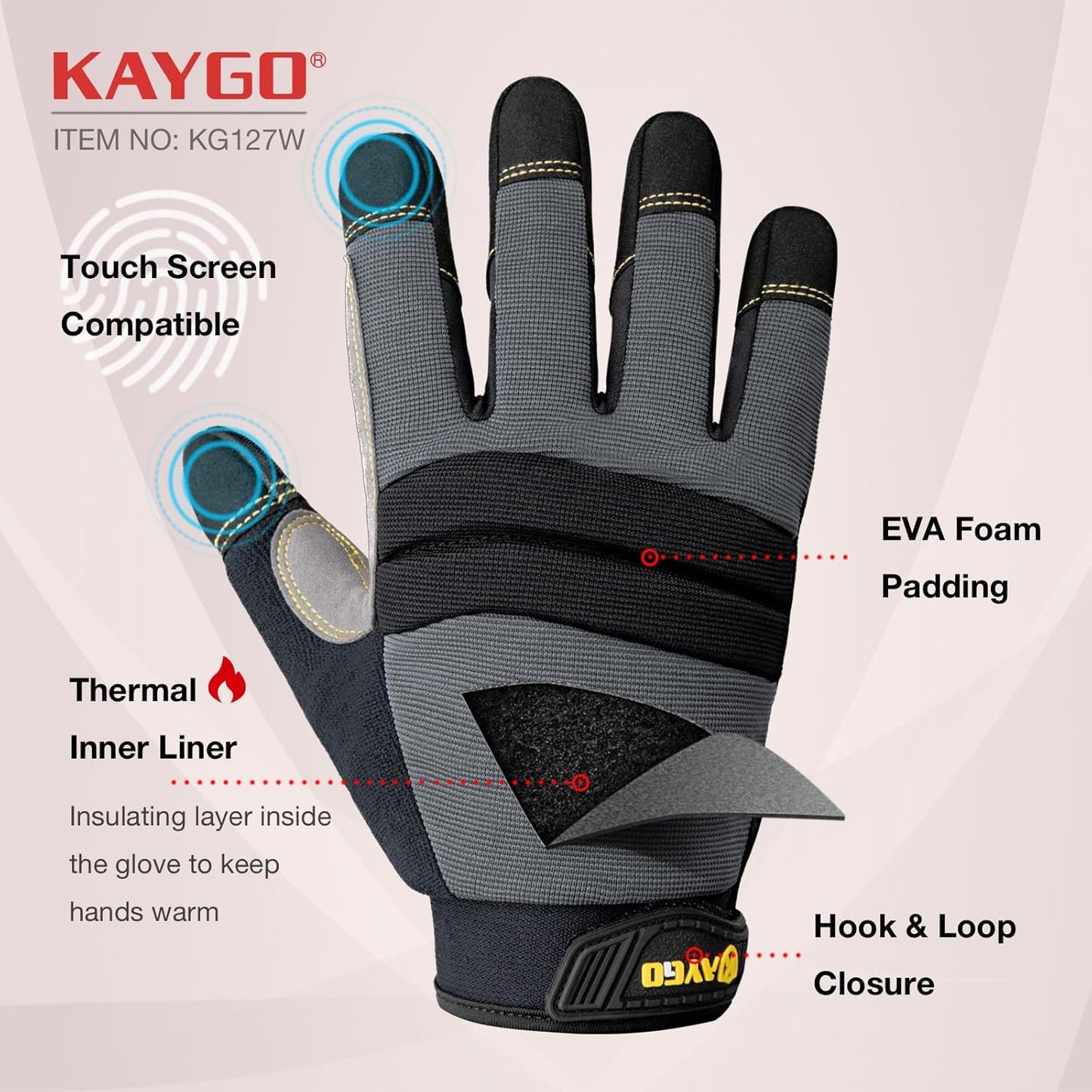 KAYGO Insulated Mechanic Work Gloves,3 Pairs KG127W Winter Thermal Safety Work Gloves for Men and Women, Double Lining,Heavy duty,Improved dexterity,Excellent Grip,Ideal for outdoor jobs,XL