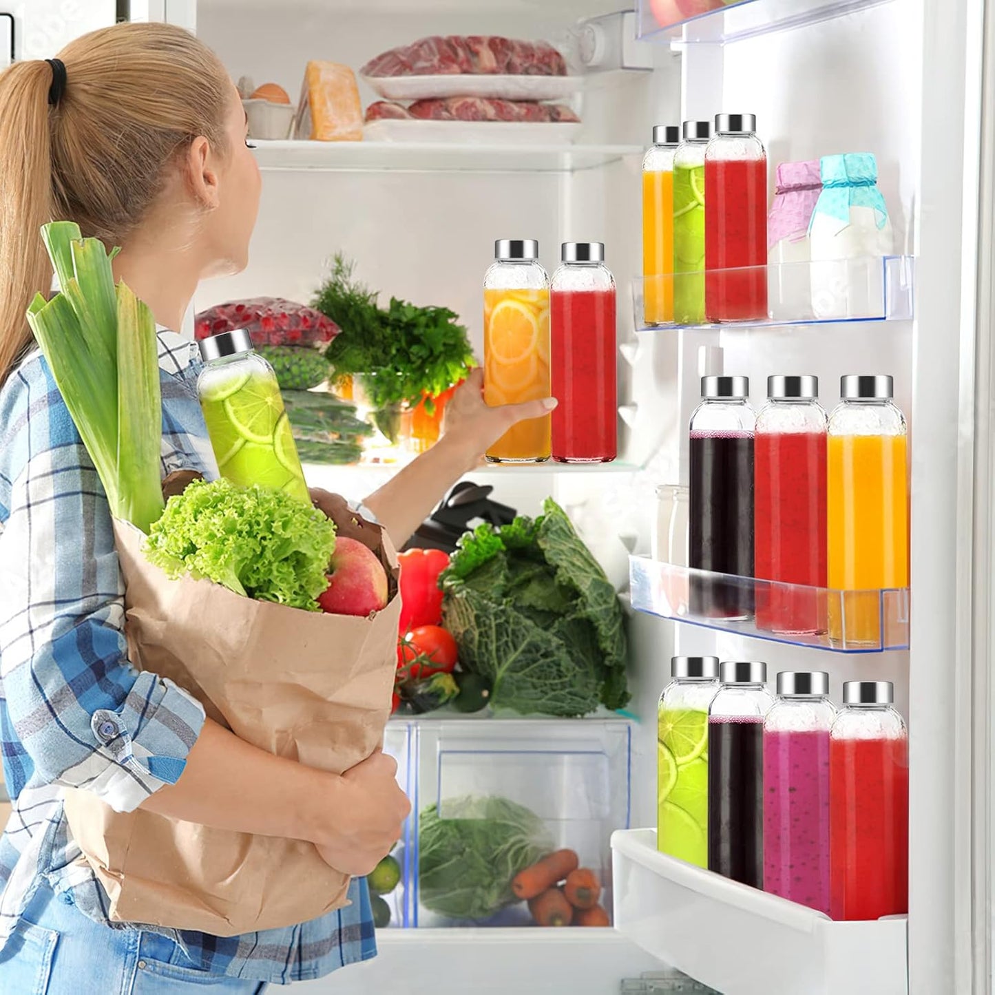 Clear Glass Bottles with Lids 18 oz, Reusable Glass Water Bottles with Stainless Steel Cap for Juicing, Refrigerator,100% Leak Proof, BPA Free, Set of 3