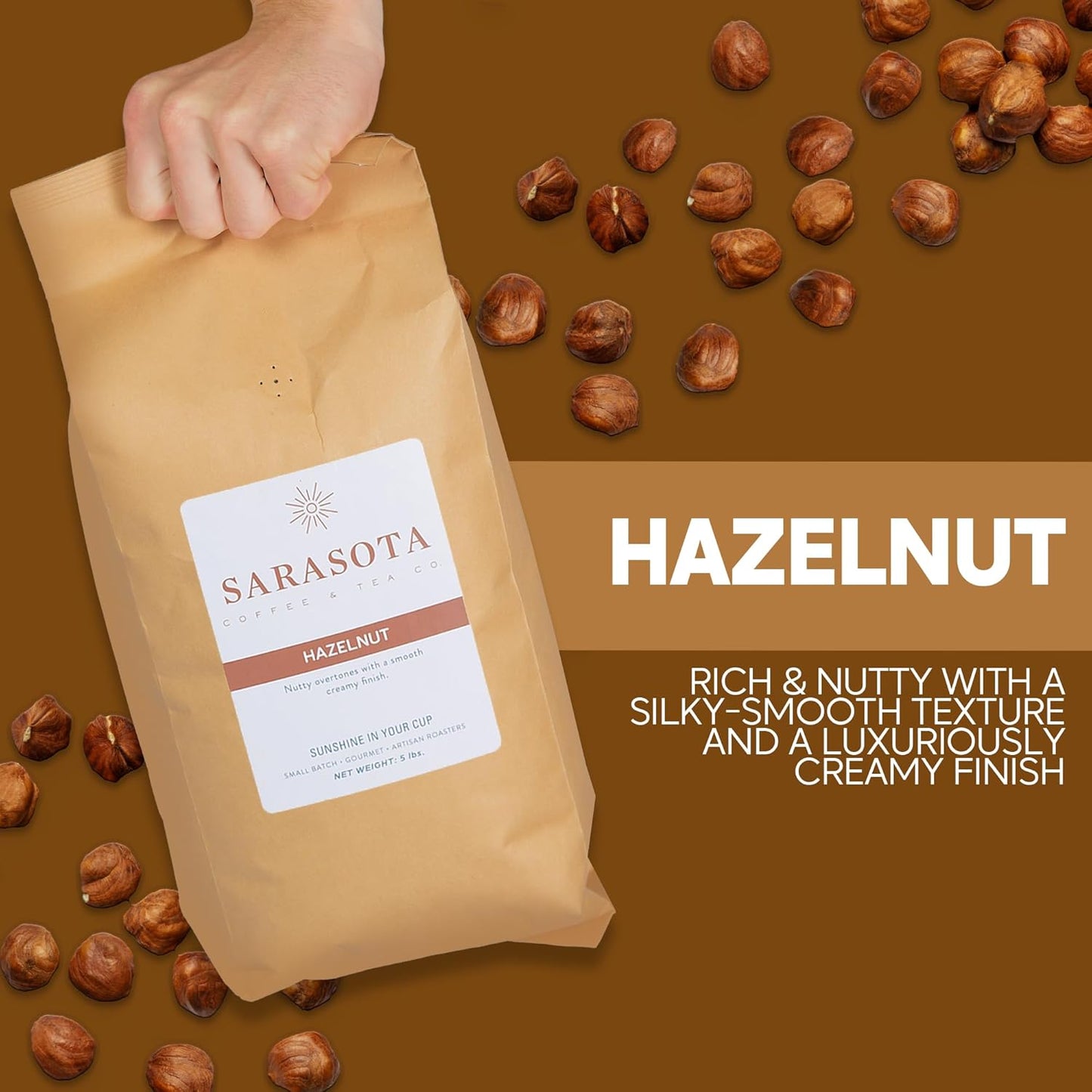 Sarasota Coffee Ground Hazelnut | Medium Roast Gourmet Flavored Coffee Grounds | Low Acid, Mold Free, Specialty Grade, Flavored Bulk Ground Coffee | 5lb (80 oz)
