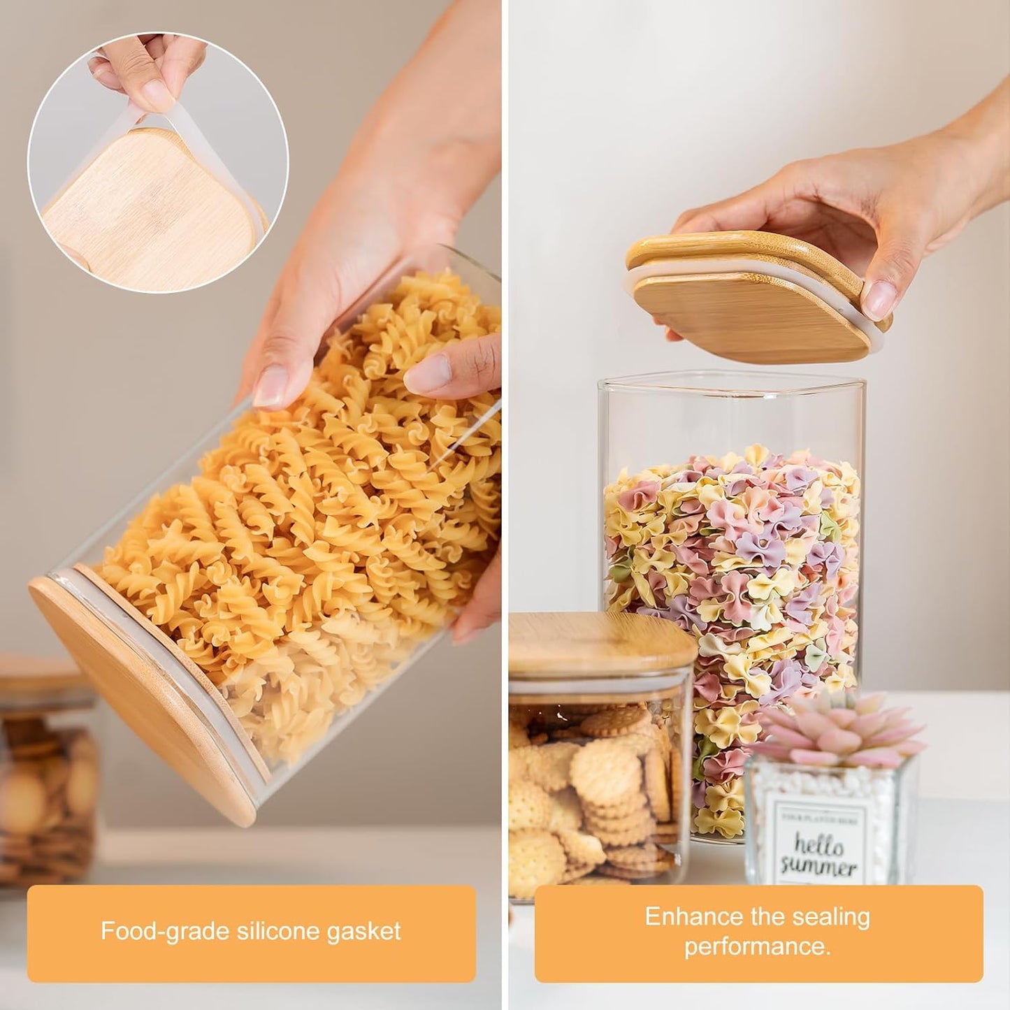 YUNCANG Glass Storage Jars 6 Pack 37oz Clear Glass Food Storage Containers with Airtight Bamboo Lid Stackable Kitchen Canisters for Candy,Cookie,Rice,Sugar,Flour,Pasta,Nuts and Spice Jars(Square)