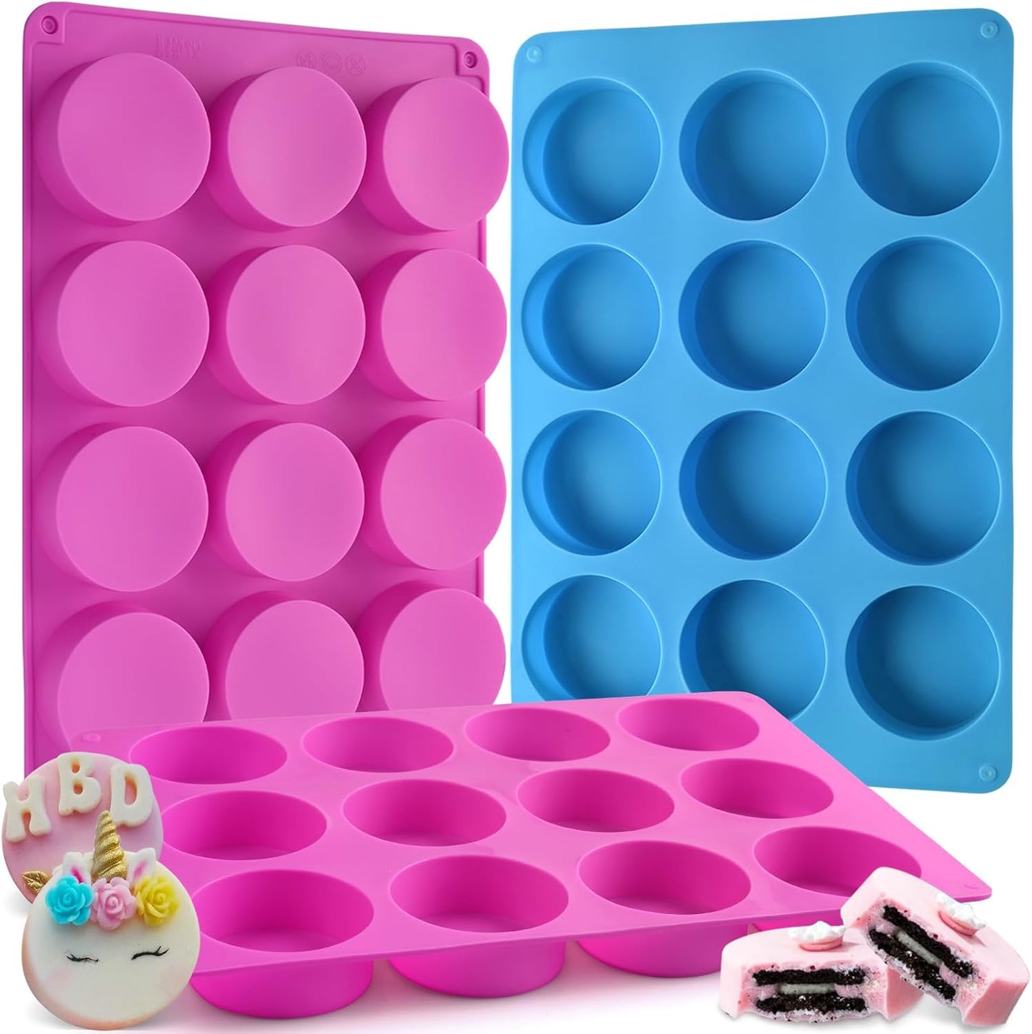 Sakolla 3 Pcs Round Chocolate Cookie Molds, 12-Cavity Cylinder Silicone Molds, Perfect for Chocolate Covered Cookie, Cake, Candy, Pudding, Mini Soap (2 Rose Red & 1 Blue)
