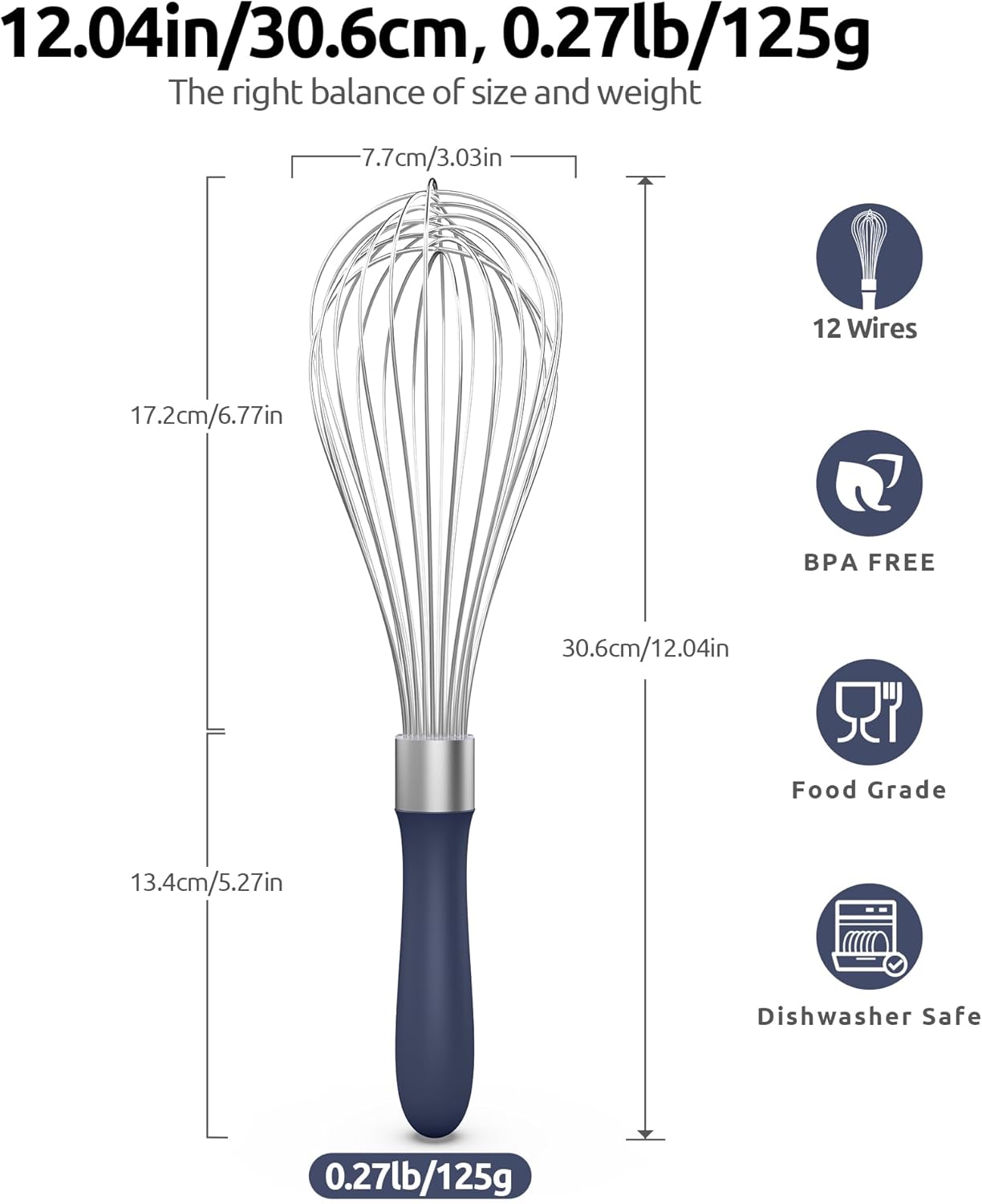 U-Taste Balloon Whisk for Cooking: 18/10 Stainless Steel Kitchen Wire Whisk, 12in Large Heavy Duty Egg Beater, Manual Mixing Tool with 12 Flex Wires for Stirring, Blending Sauce (Midnight Blue)