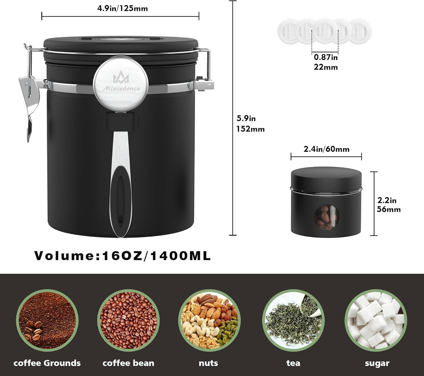 Coffee canister set for ground coffee with Date Tracker,Co2 Valve,Travel jar,Stainless Steel Kitchen Food Airtight storage container for Coffee Beans or Grounds,Tea,Sugar (16oz-Black)