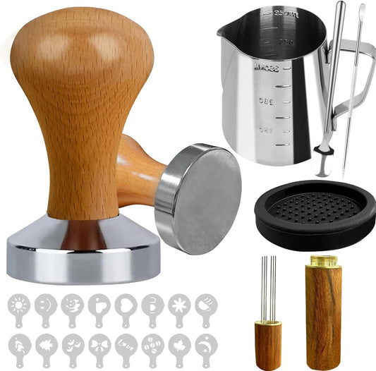 22 PCS Coffee Espresso Tamper Set, 51mm Espresso Accessories with Espresso Tamper, WDT Tool, Coffee Stirrer, Frothing Pitcher, Latte Art Pen, Tamper Mat, Coffee Stencils for Espresso Machine