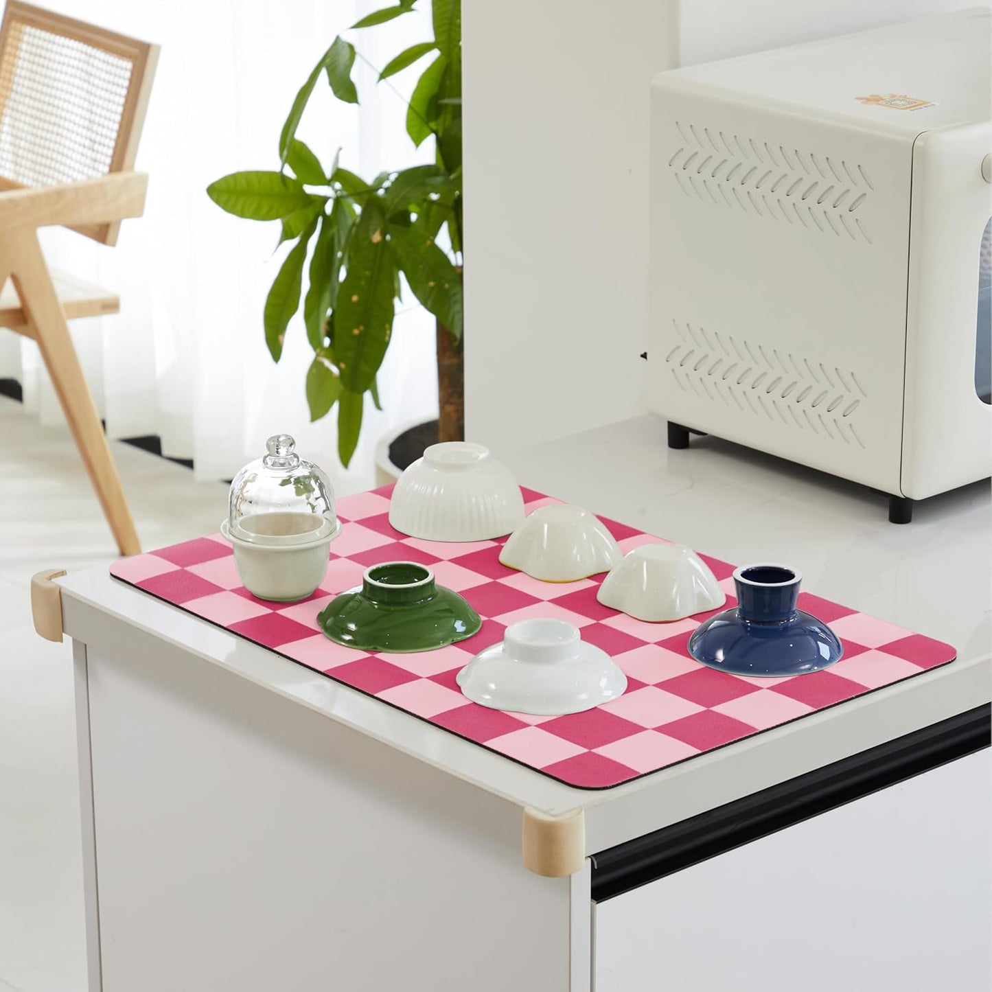Checkered Dish Drying Mat for Kitchen Counter, Coffee Bar Station Accessories, Retro Cute Girly Pink Aesthetic Modern Absorbent Drainer Mat Kitchen Drying Mat Easy Clean, Hot Pink 16" x 24"