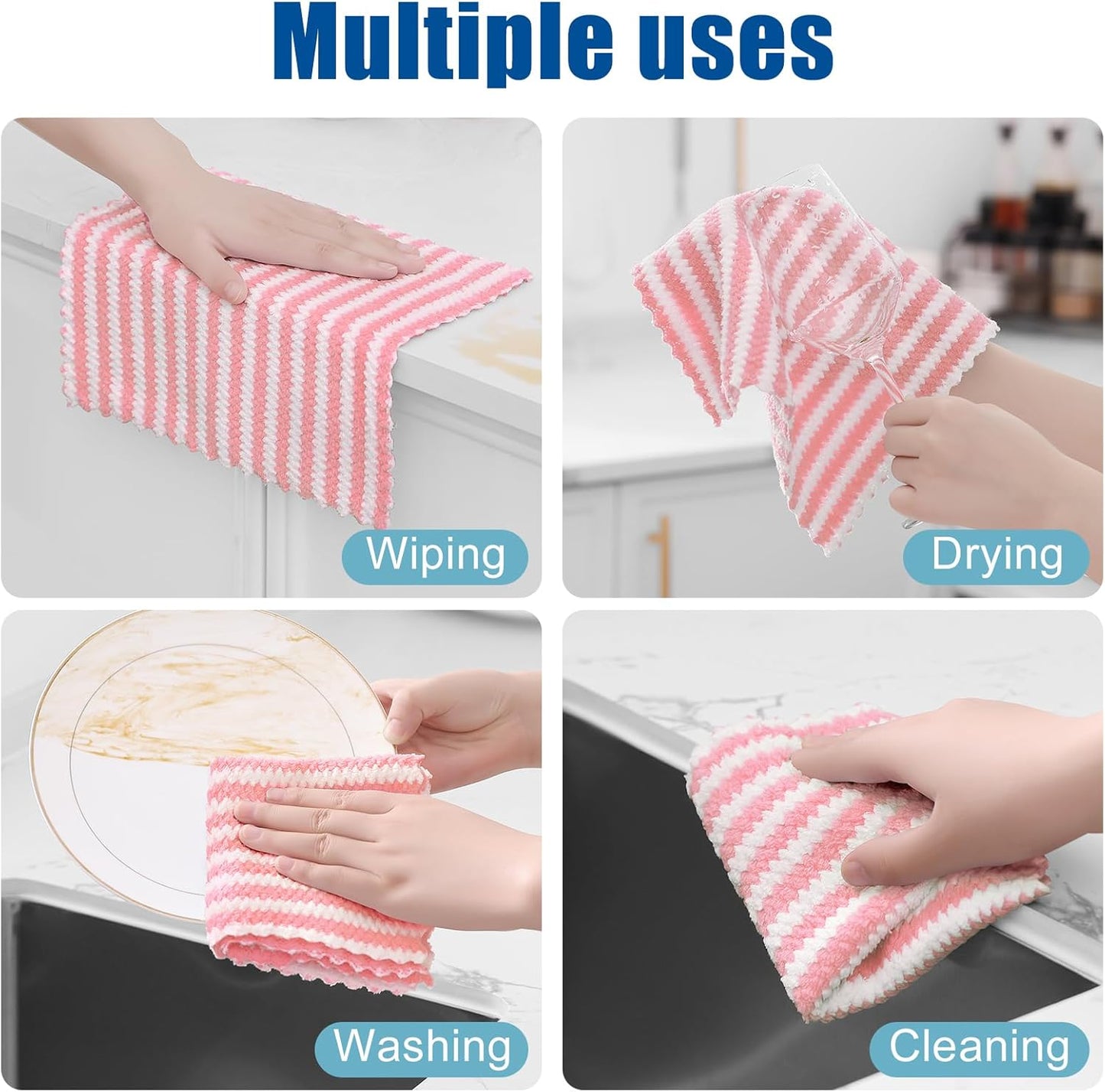 Homaxy 12 Pack Kitchen Dish Cloths, Ultra Soft and Absorbent Dish Towels, Reusable Fast Drying Microfiber Cleaning Cloth, Coral Velvet Wave Design No-lint, 10 x 10 inches, Pink