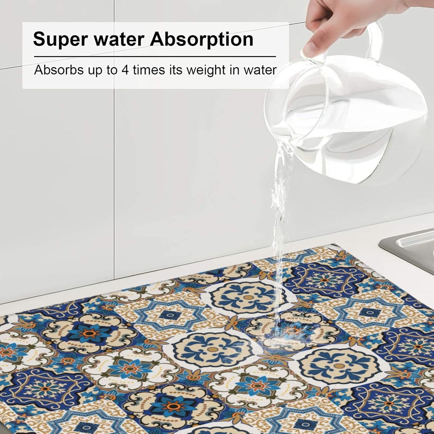 Colorful Moroccan Dish Drying Mat, Highly Absorbent Microfiber Kitchen Counter Pad Reusable Washable, 16*18"