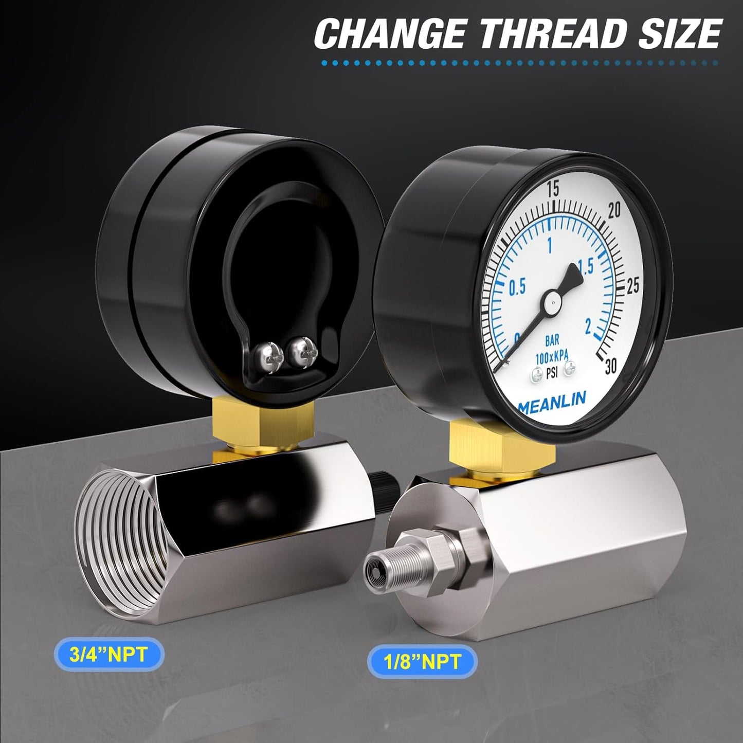 MEANLIN MEASURE 0-30Psi 2" Steel Double Graduated Air Test Pressure gauges, 3/4" FNPT Connection, -3-2-3% Accuracy