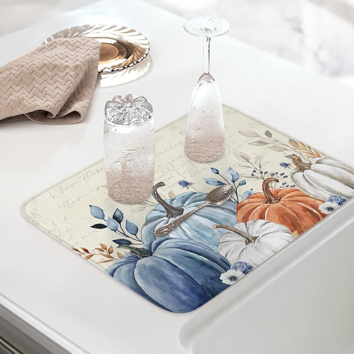 Fall Dish Drying Mat for Kitchen Counter Blue Pumpkin Drying Pad Absorbent Drying Mats for Countertops Sinks Draining Racks Floral Leaves Drainer Holiday Harvest Thanksgiving Decorations 18x24