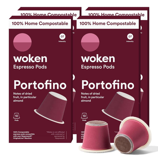 WOKEN COFFEE Compostable Nespresso Pods - Portofino Medium Roast Italian Espresso Coffee Capsules Compatible With Nespresso Coffee Machine (40 Pod Count, 4 Boxes)