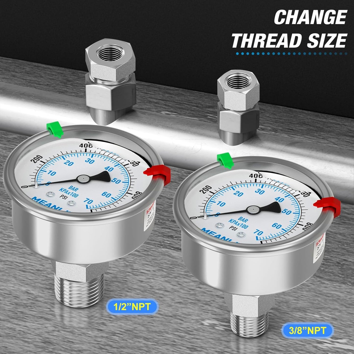 MEANLIN MEASURE 0~1000Psi Stainless Steel Liquid Filled Pressure Gauge 2.5" FACE DIAL 1/4" NPT for WOG Water Oil Air Back Mount with Stainless Steel Hex Bushing and Snaps