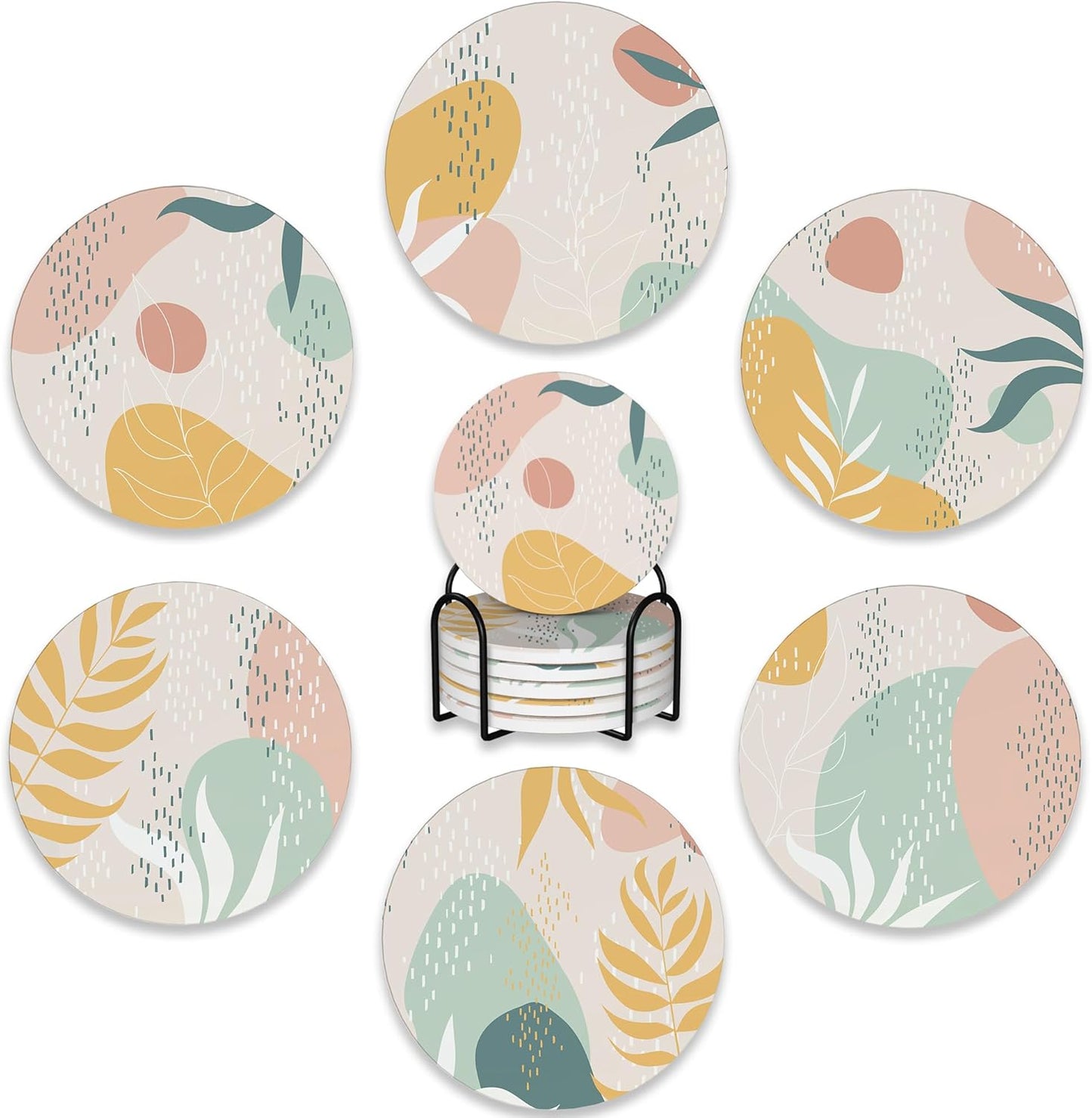 Drink Coasters Set of 6 with Holder,Abstract Dots and Leaves Absorbent Ceramic Coasters with Cork Base,Fit All Cups,Tabletop Protection Mat for Mugs and Cups,Office,Kitchen