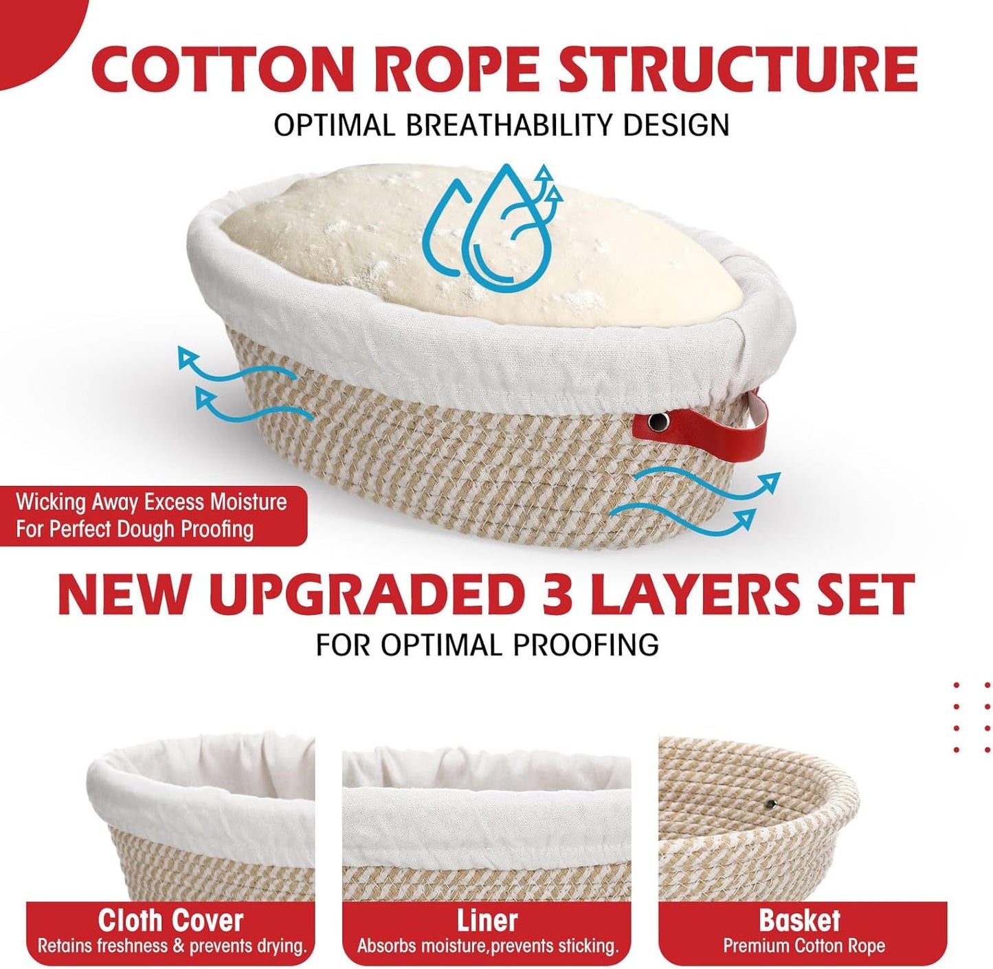 Gejoy 6 Set Cotton Rope Banneton Bread Proofing Basket with Cloth Liner and Plastic Scraper Banneton Dough Sourdough Proofing Bowls Kit for Home Sourdough Bakers (Round, Oval, 9'', 10'')