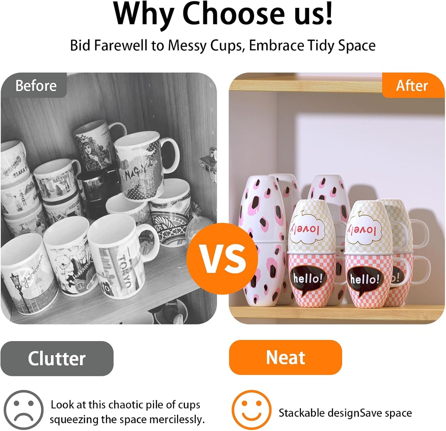 Mug Stacker & Storage Organizer – Expandable, Stackable Cup Holder for Kitchen Cabinet or Pantry – Space-Saving Solution for Tea Cups & Coffee Mugs (6Pcs White)