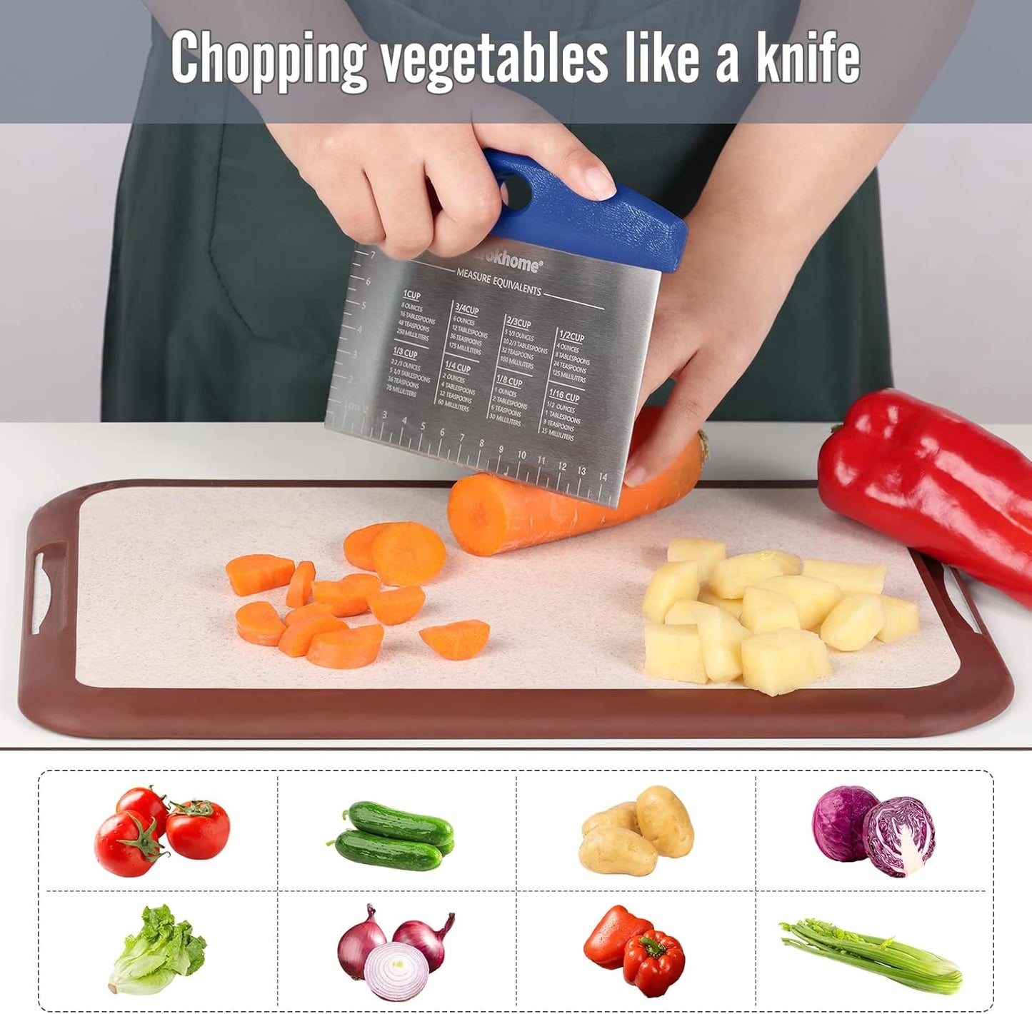 Ourokhome Dough Pastry Bench Cutter Scraper, Stainless Steel Pizza Cutter for Kitchen Baking, Dishwasher Safe, Anti-Wear Laser-Engraved Measuring Scale and Conversion Chart, 2 Pack, Blue