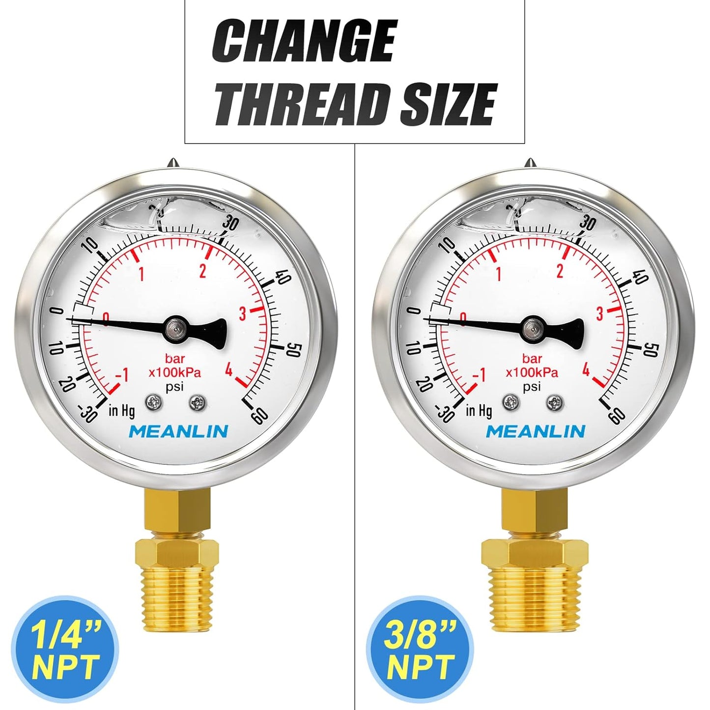 MEANLIN MEASURE -30inHG~60Psi Stainless Steel 1/8" NPT 2.5" FACE DIAL Vacuum Pressure Gauge, Lower Mount, with 1/4" NPT and 3/8" NPT Hex Bushing